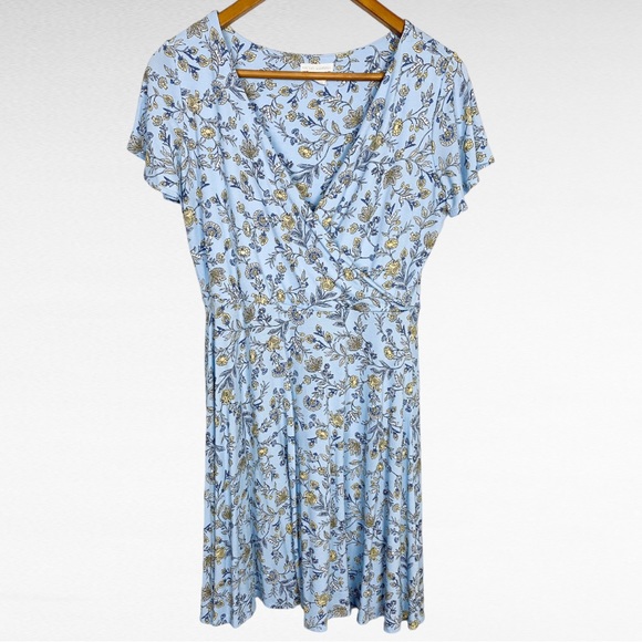 Rachel Ashwell | Sky Blue Botanical Short Sleeve Surplice V-Neck Mini Sundress - Picture 4 of 7
